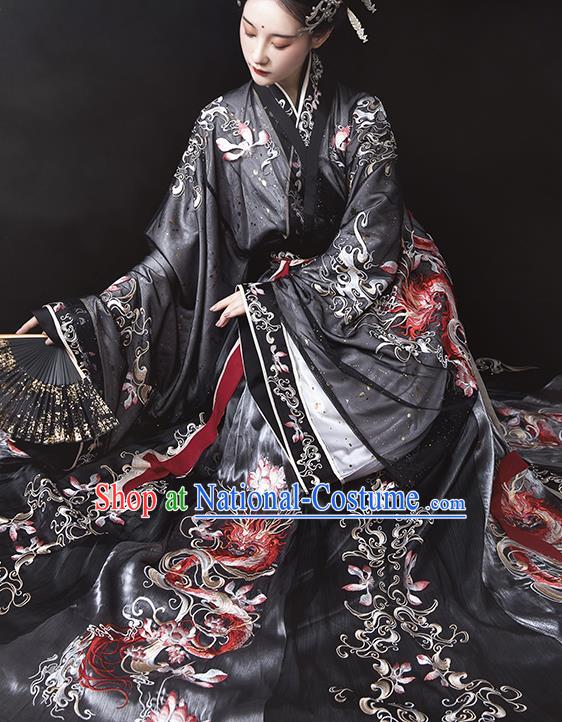 Ancient China Jin Dynasty Imperial Concubine Hanfu Dress Traditional Embroidered Black Clothing Full Set