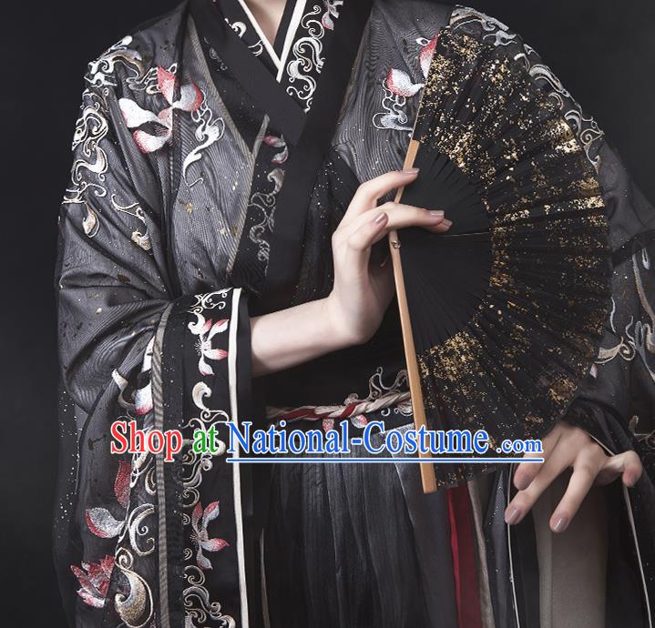 Ancient China Jin Dynasty Imperial Concubine Hanfu Dress Traditional Embroidered Black Clothing Full Set