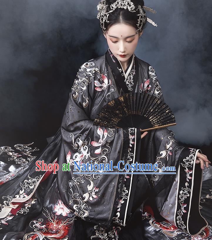 Ancient China Jin Dynasty Imperial Concubine Hanfu Dress Traditional Embroidered Black Clothing Full Set