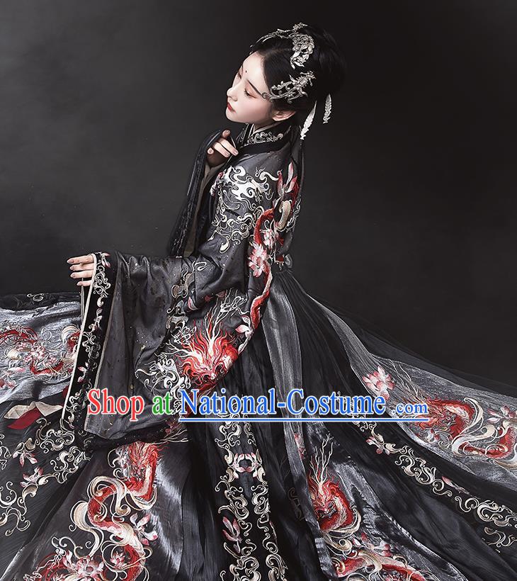 Ancient China Jin Dynasty Imperial Concubine Hanfu Dress Traditional Embroidered Black Clothing Full Set