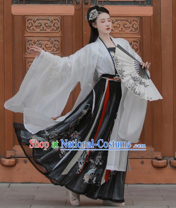 Traditional China Tang Dynasty Court Lady Clothing Ancient Embroidered Hanfu Dress White Cloak Blouse and Skirt Full Set