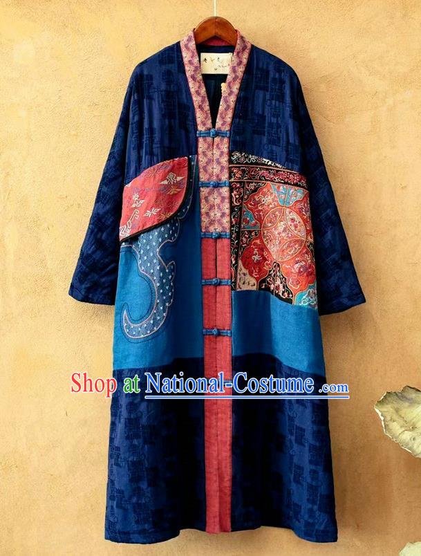 China National Women Dust Coat Traditional Embroidered Costume Tang Suit Navy Flax Overcoat