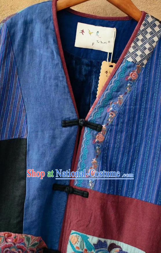 China Tang Suit Blue Flax Overcoat National Women Dust Coat Traditional Embroidered Costume