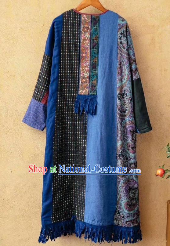 China Tang Suit Blue Flax Overcoat National Women Dust Coat Traditional Embroidered Costume