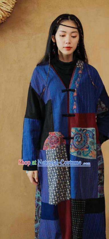 China Tang Suit Blue Flax Overcoat National Women Dust Coat Traditional Embroidered Costume