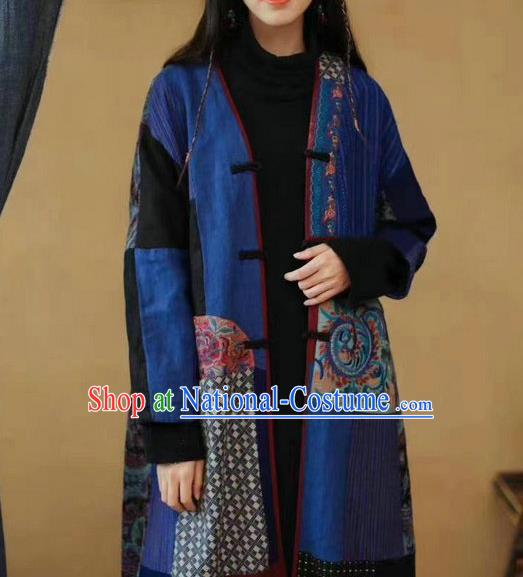 China Tang Suit Blue Flax Overcoat National Women Dust Coat Traditional Embroidered Costume