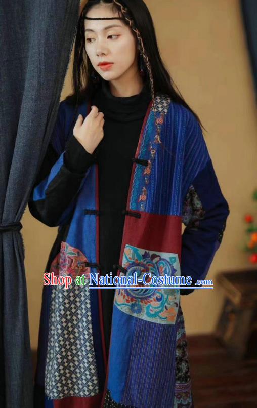 China Tang Suit Blue Flax Overcoat National Women Dust Coat Traditional Embroidered Costume