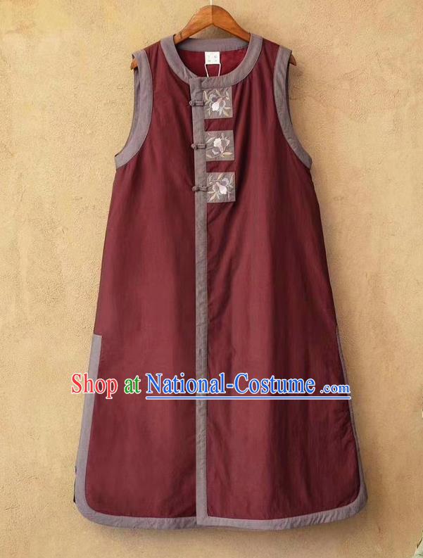 China Women Traditional Tang Suit Upper Outer Garment Clothing Embroidered Vest National Purplish Red Flax Long Waistcoat