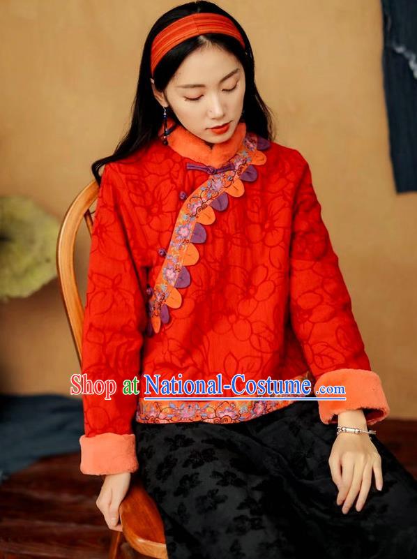 China Tang Suit Red Flax Cotton Padded Jacket National Women Overcoat Traditional Winter Top Costume