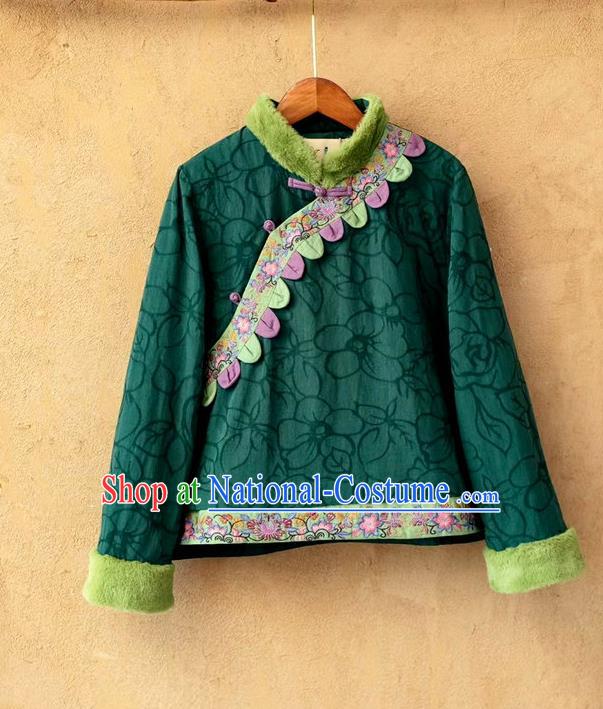 China National Women Overcoat Traditional Winter Top Costume Tang Suit Green Flax Cotton Padded Jacket