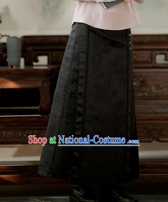 Chinese National Skirt Traditional Costume Noble Woman Black Satin Bust Skirt