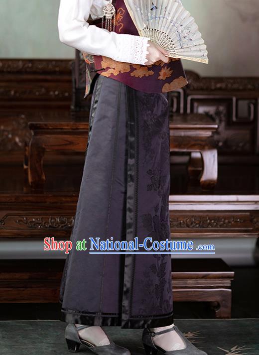 Chinese National Skirt Traditional Costume Noble Woman Black Satin Bust Skirt