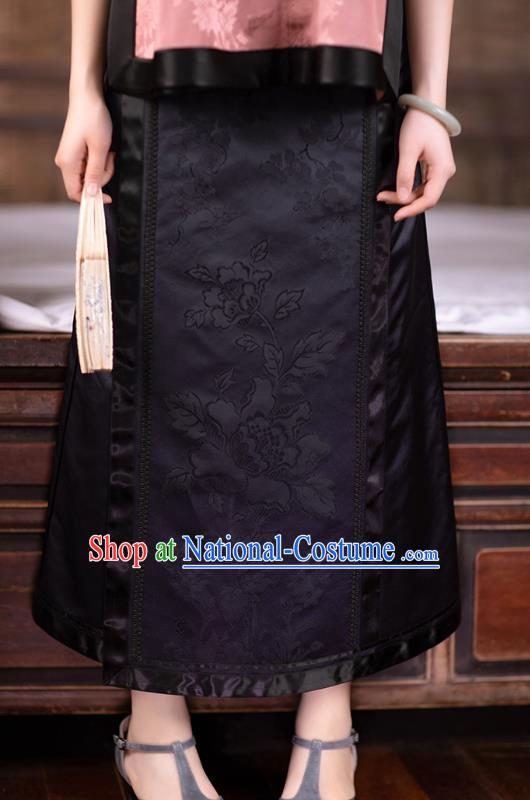 Chinese National Skirt Traditional Costume Noble Woman Black Satin Bust Skirt