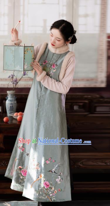 Chinese Women Traditional Tang Suit Embroidered Light Green Long Vest National Clothing Cotton Padded Waistcoat