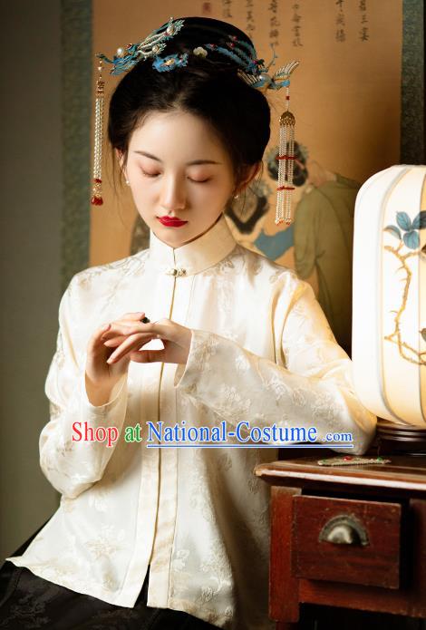 Republic of China White Silk Shirt Traditional Upper Outer Garment Chinese Tang Suit Blouse for Women