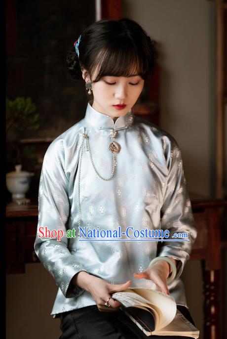 Traditional Chinese Tang Suit Upper Outer Garment Republic of China Light Blue Silk Jacket for Women