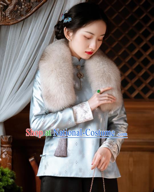 Traditional Chinese Tang Suit Upper Outer Garment Republic of China Light Blue Silk Jacket for Women