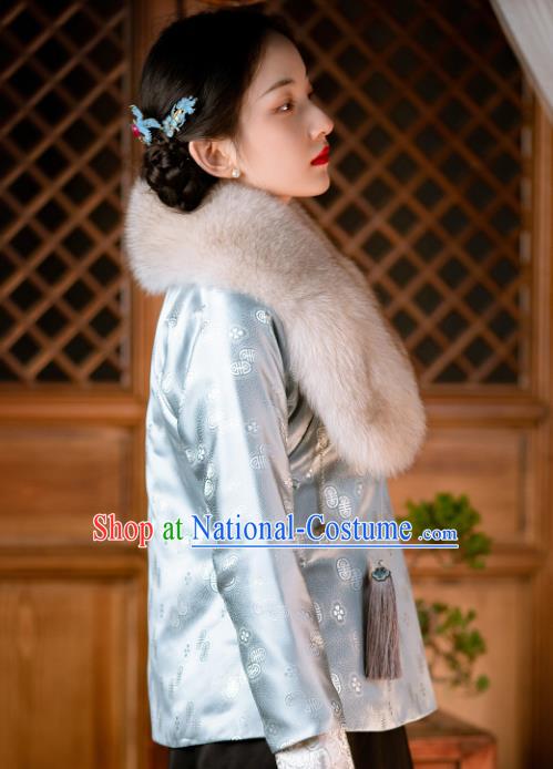 Traditional Chinese Tang Suit Upper Outer Garment Republic of China Light Blue Silk Jacket for Women