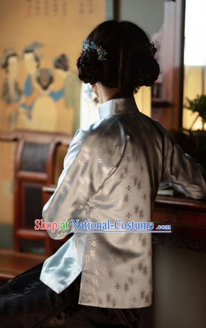 Traditional Chinese Tang Suit Upper Outer Garment Republic of China Light Blue Silk Jacket for Women