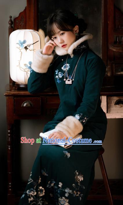 Chinese Winter Deep Green Cheongsam Traditional Women Costume Classical Embroidered Qipao Dress