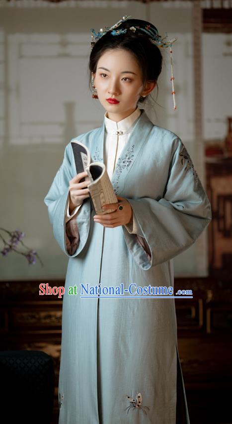 Traditional Chinese Qing Dynasty Noble Lady Blue Cloak Embroidered Dust Coat for Women