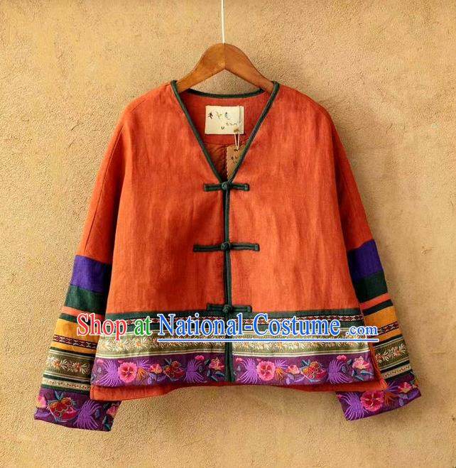 China Traditional Winter Costume Women Tang Suit Embroidered Coat National Orange Flax Cotton Padded Jacket