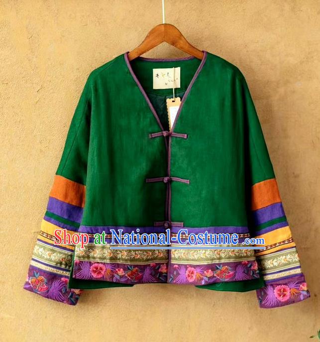 China Women Tang Suit Embroidered Coat National Green Flax Cotton Padded Jacket Traditional Winter Costume