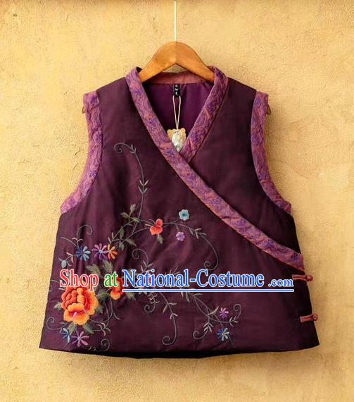 China Women Winter Purple Cotton Padded Vest Traditional Tang Suit Upper Outer Garment Clothing National Embroidered Waistcoat