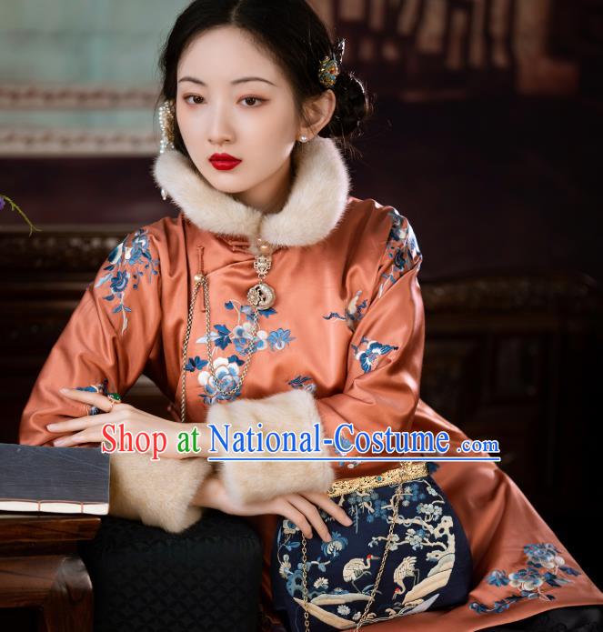 Chinese Traditional Orange Silk Cotton Padded Coat Qing Dynasty Noble Lady Embroidered Jacket for Women