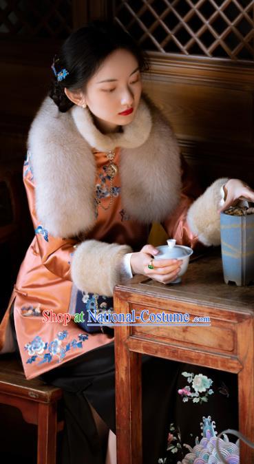 Chinese Traditional Orange Silk Cotton Padded Coat Qing Dynasty Noble Lady Embroidered Jacket for Women