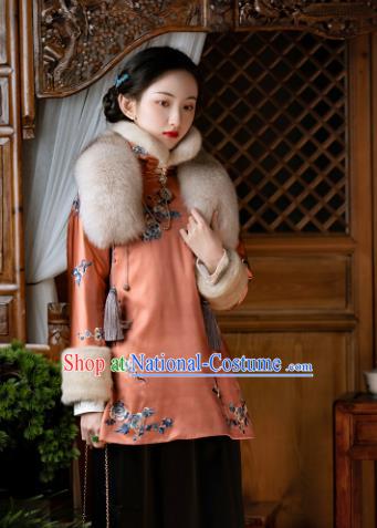 Chinese Traditional Orange Silk Cotton Padded Coat Qing Dynasty Noble Lady Embroidered Jacket for Women