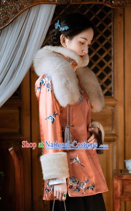 Chinese Traditional Orange Silk Cotton Padded Coat Qing Dynasty Noble Lady Embroidered Jacket for Women