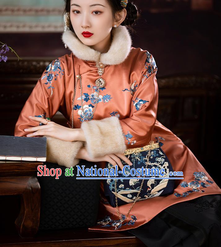 Chinese Traditional Orange Silk Cotton Padded Coat Qing Dynasty Noble Lady Embroidered Jacket for Women