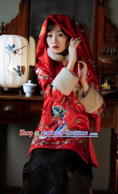 Chinese Traditional Wedding Red Silk Cotton Padded Coat Tang Suit Embroidered Jacket for Women