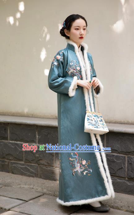 Chinese Traditional Blue Silk Cotton Padded Coat Tang Suit Embroidered Dust Coat Greatcoat for Women