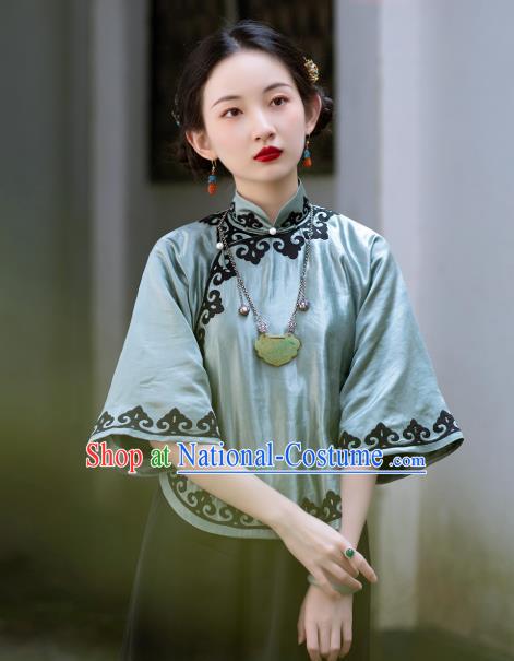 Chinese Traditional Green Silk Shirt Tang Suit Upper Outer Garment Embroidered Blouse for Women