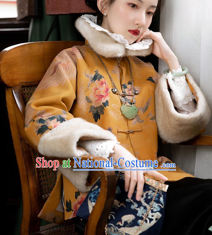 Chinese Traditional Mandarin Jacket Tang Suit Outer Garment Yellow Silk Cotton Padded Coat for Women