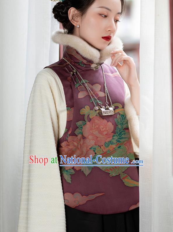 Chinese Tang Suit Purple Silk Waistcoat Traditional National Women Clothing Classical Vest