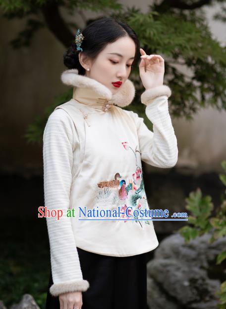 Chinese Tang Suit Embroidered Mandarin Duck Waistcoat Traditional National Women Clothing Classical White Vest