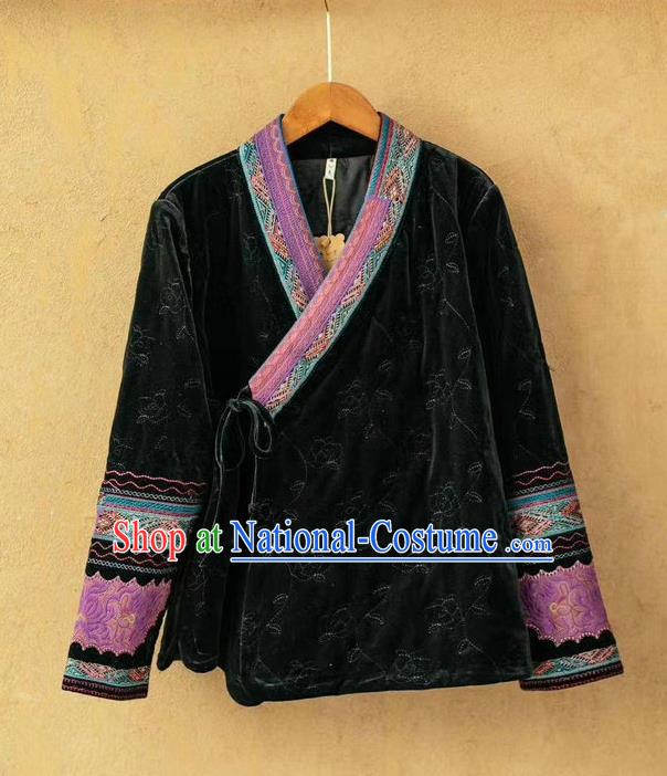 China National Black Velvet Cotton Padded Jacket Traditional Winter Costume Women Tang Suit Embroidered Over Coat