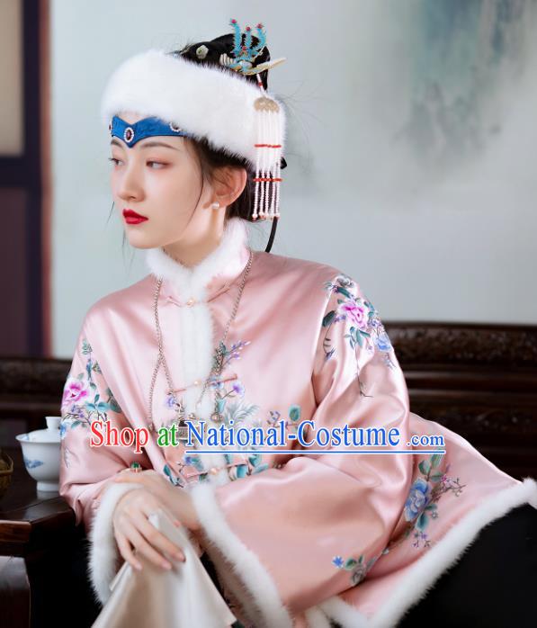 Chinese Qing Dynasty Noble Lady Pink Cotton Padded Jacket Traditional Embroidered Silk Coat for Women