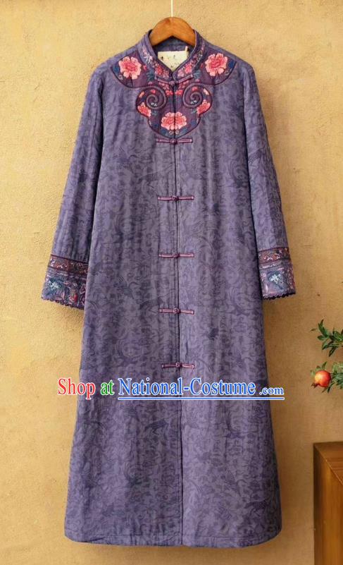 China National Violet Flax Cotton Padded Coat Traditional Embroidered Winter Costume Tang Suit Women Dust Coat