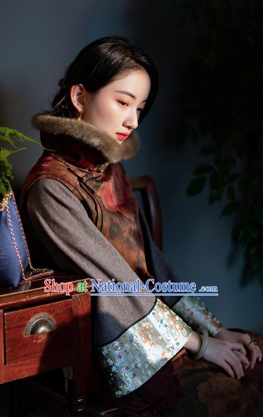 Chinese Traditional Women Costume National Cheongsam Republic of China Classical Peony Pattern Brown Silk Qipao Dress