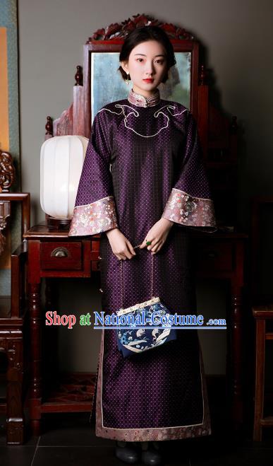 Chinese National Women Cheongsam Traditional Costume Republic of China Classical Purple Silk Qipao Dress