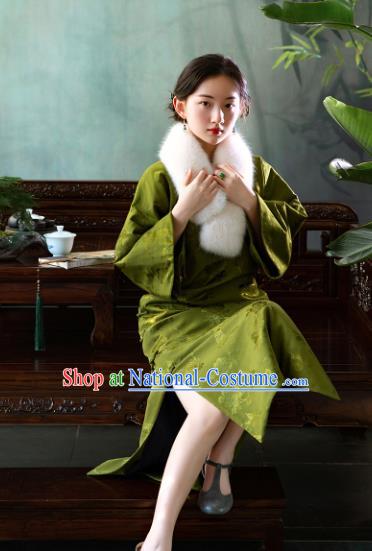 Republic of China Traditional Costume Classical Green Satin Qipao Dress National Women Cheongsam