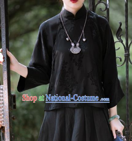 Chinese Traditional Black Silk Blouse Tang Suit Upper Outer Garment National Shirt for Women