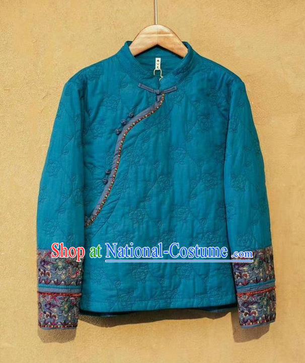 China National Upper Outer Garment Traditional Costume Tang Suit Women Blue Cotton Padded Jacket