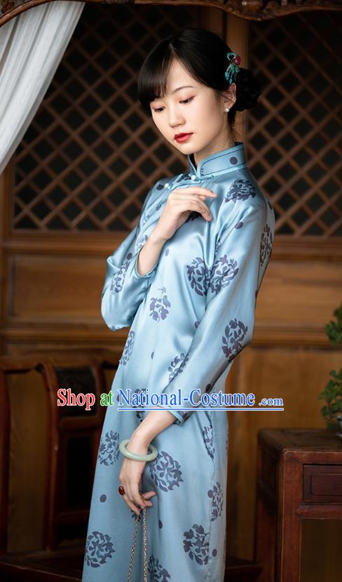 Republic of China Classical Blue Silk Qipao Dress Traditional National Costume Women Cheongsam