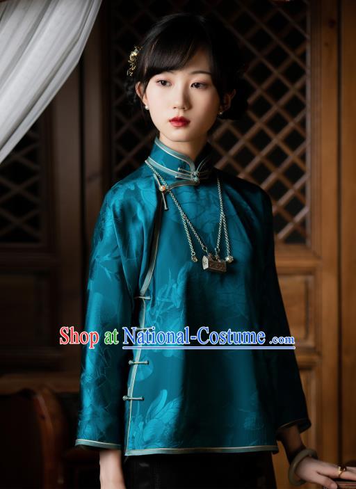 Chinese Traditional Teal Silk Blouse National Shirt Tang Suit Upper Outer Garment for Women