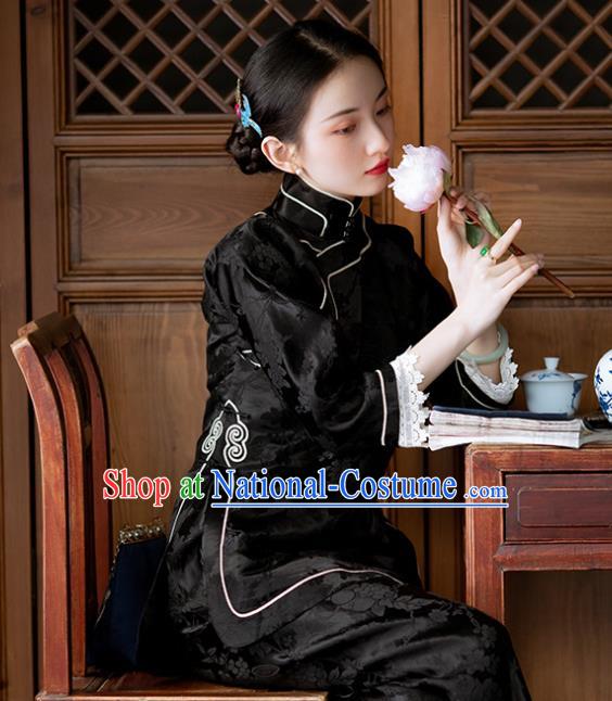 Chinese Tang Suit Upper Outer Garment National Shirt Traditional Black Silk Blouse for Women